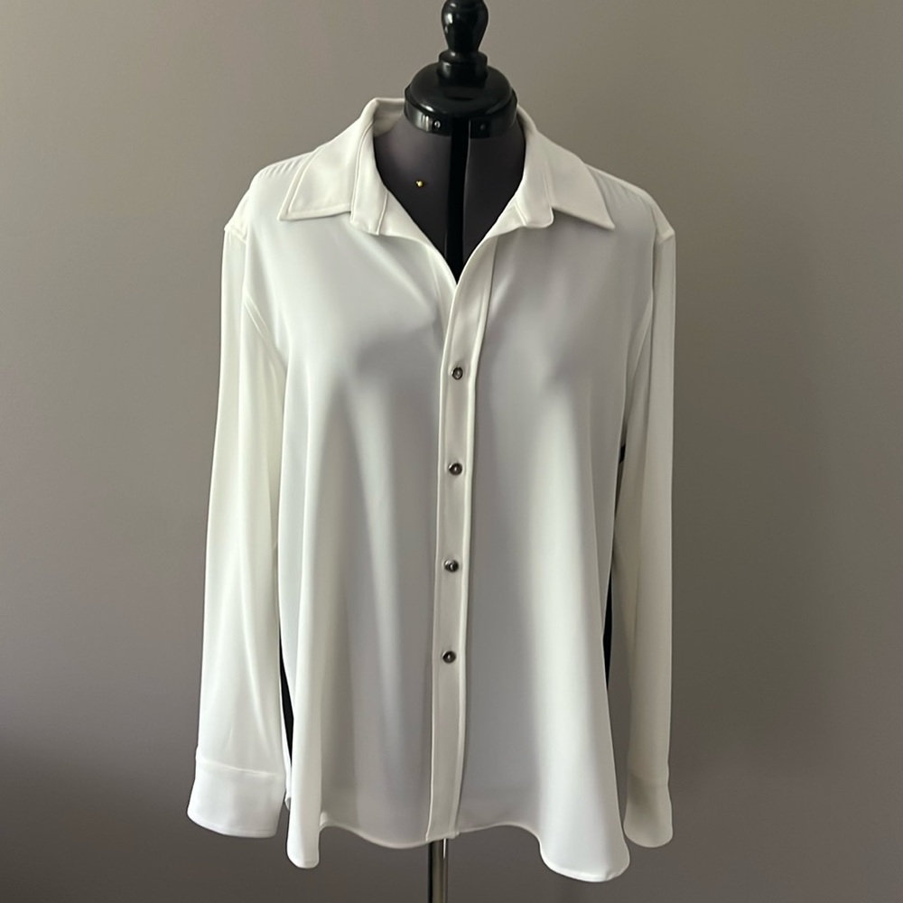 Ivory blouse with black pinstripe